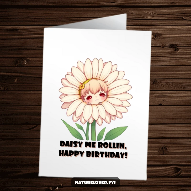 Funny free printable birthday card, nature lover character playfully peeking from behind a giant daisy.