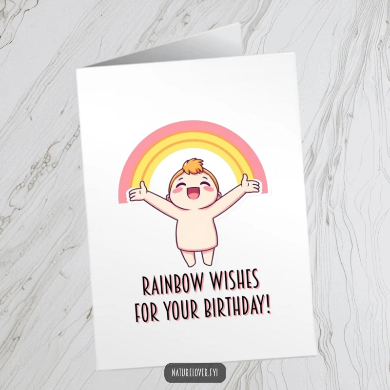Funny Free Printable Birthday Card: Character beams, arms wide at a vibrant rainbow. A hopeful DIY gift.