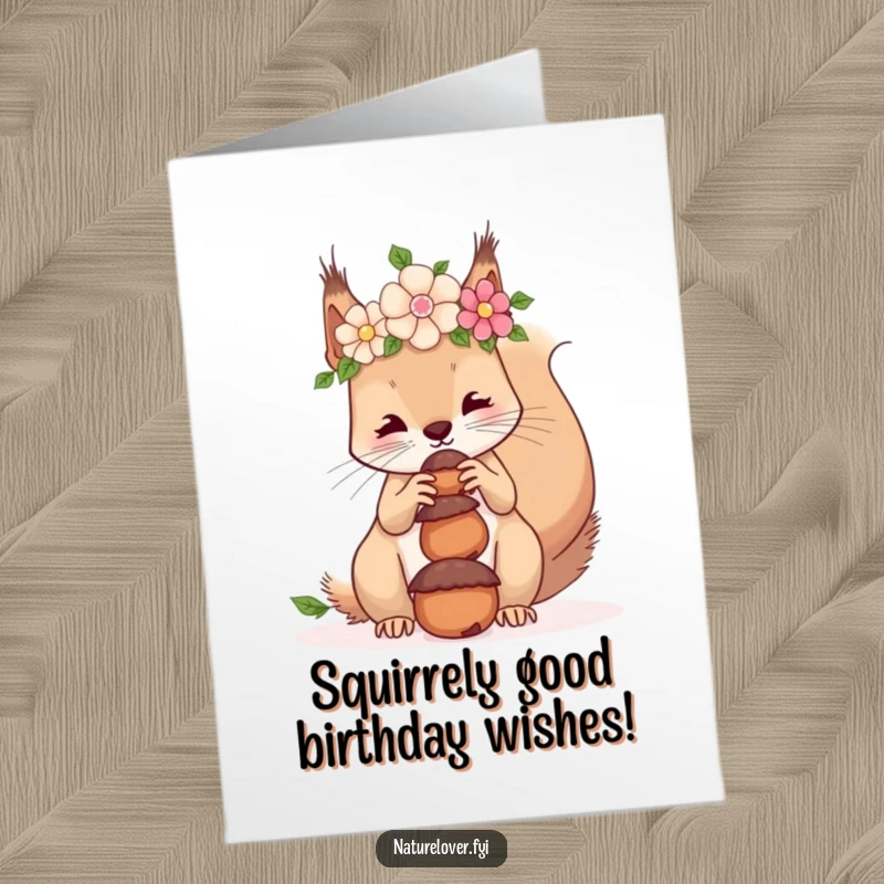 Funny Free Printable Birthday Card: A squirrel in a flower crown hilariously balances acorns on its nose for a birthday wish.