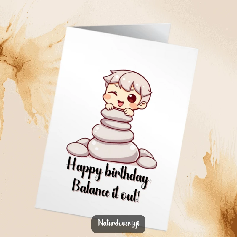 Funny Free Printable Birthday Card: Character winks while balancing a pile of stones, a witty birthday wish. DIY gift.