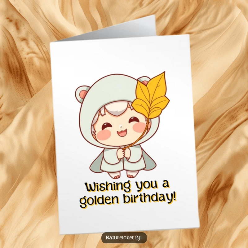 Funny Free Printable Birthday Card: Smiling character joyfully accepts a golden leaf carried by a gentle breeze.