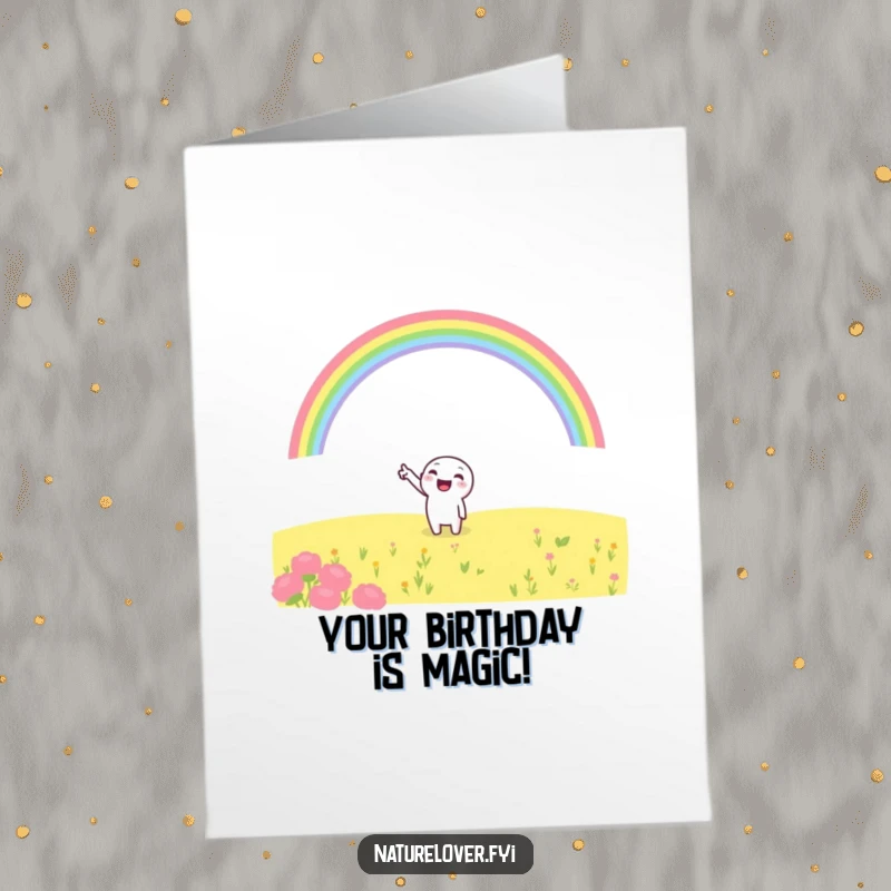Funny Free Printable Birthday Card: A cheerful character excitedly points at a vibrant rainbow over a green field.