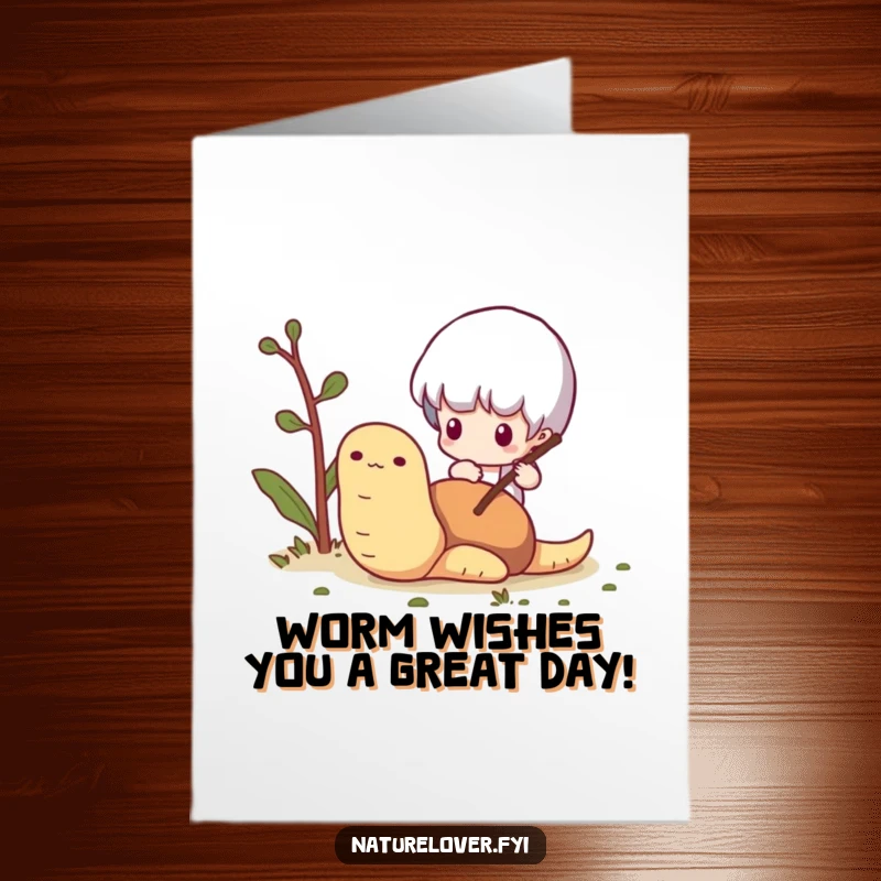 Funny Free Printable birthday card featuring a tiny character poking a friendly worm with a twig, a playful and humorous scene.