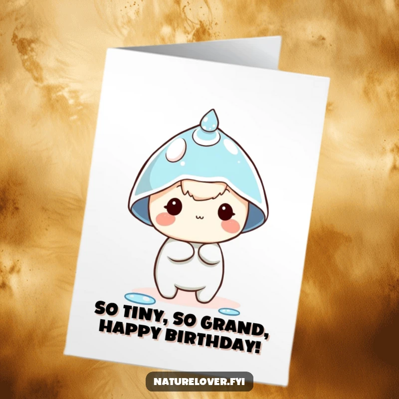 Funny Free Printable Birthday Card: Tiny character comically attempts to wear a sparkling dewdrop as a miniature hat.