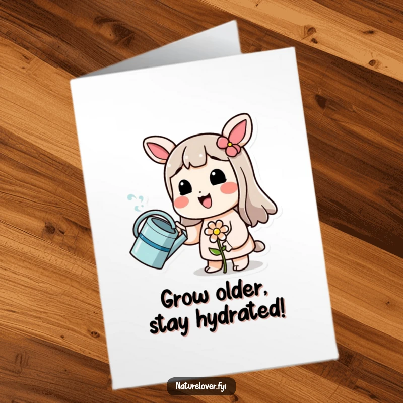 Funny Free Printable Birthday Card: Character with watering can, sprinkling a tiny wilting flower with love.