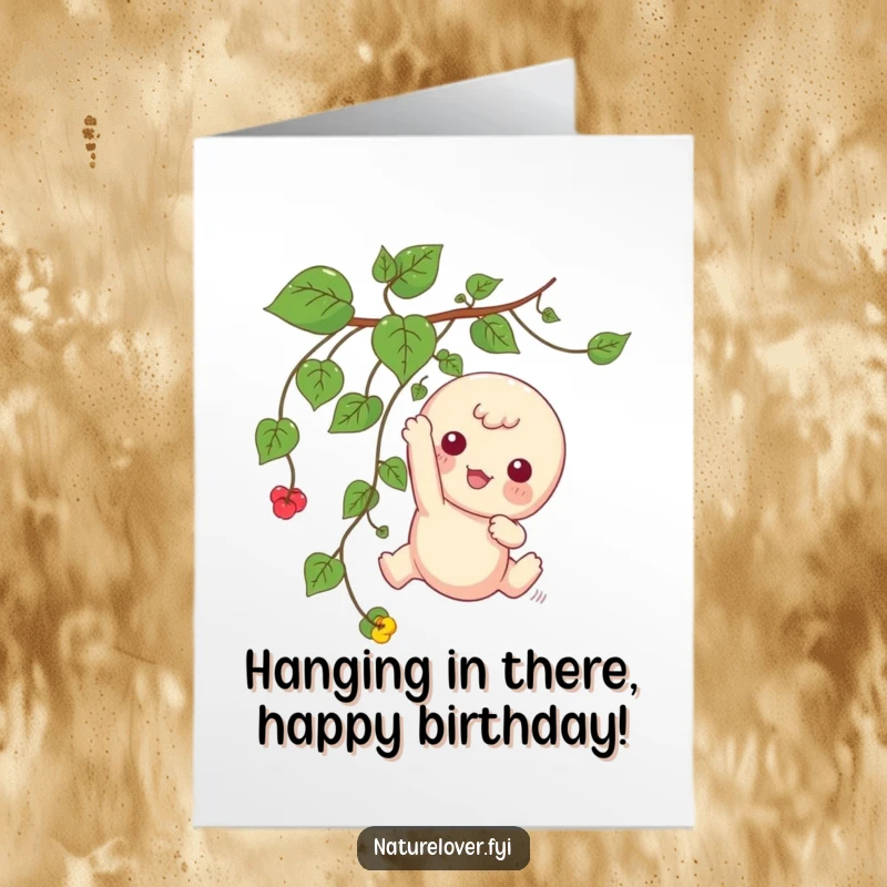 Funny Free Printable Birthday Card: Adorable kawaii character playfully hangs from a jungle vine, smiling sweetly, a charming DIY gift.