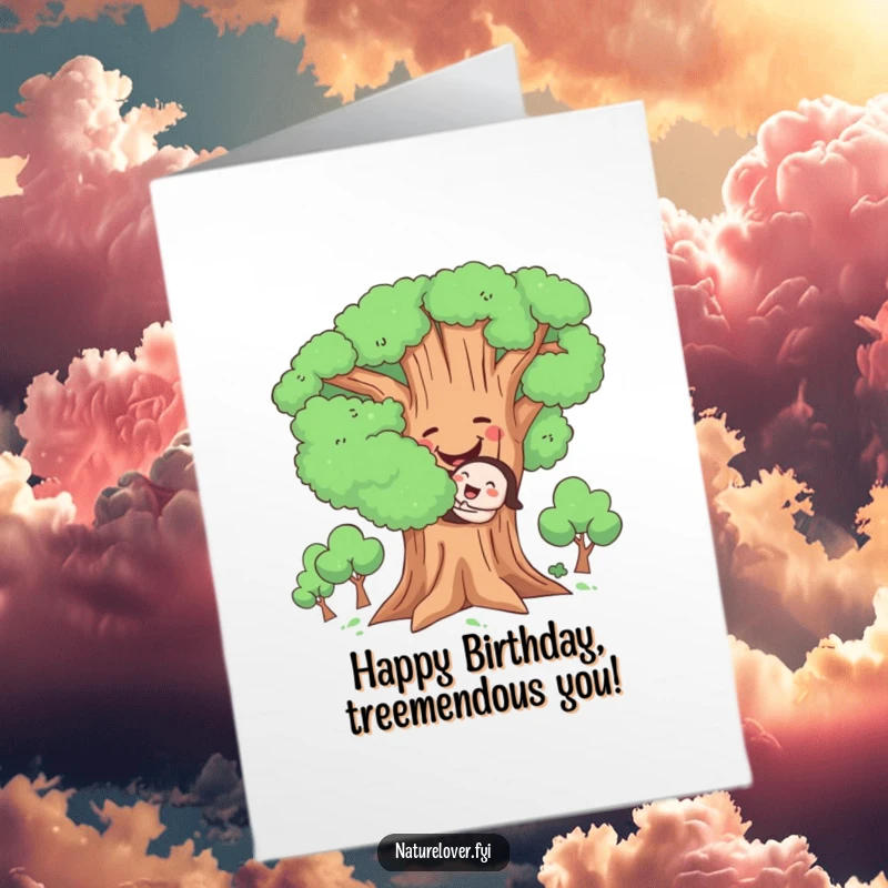 Funny Free Printable Birthday Card: Cute character joyfully hugging a large, smiling tree with affection.