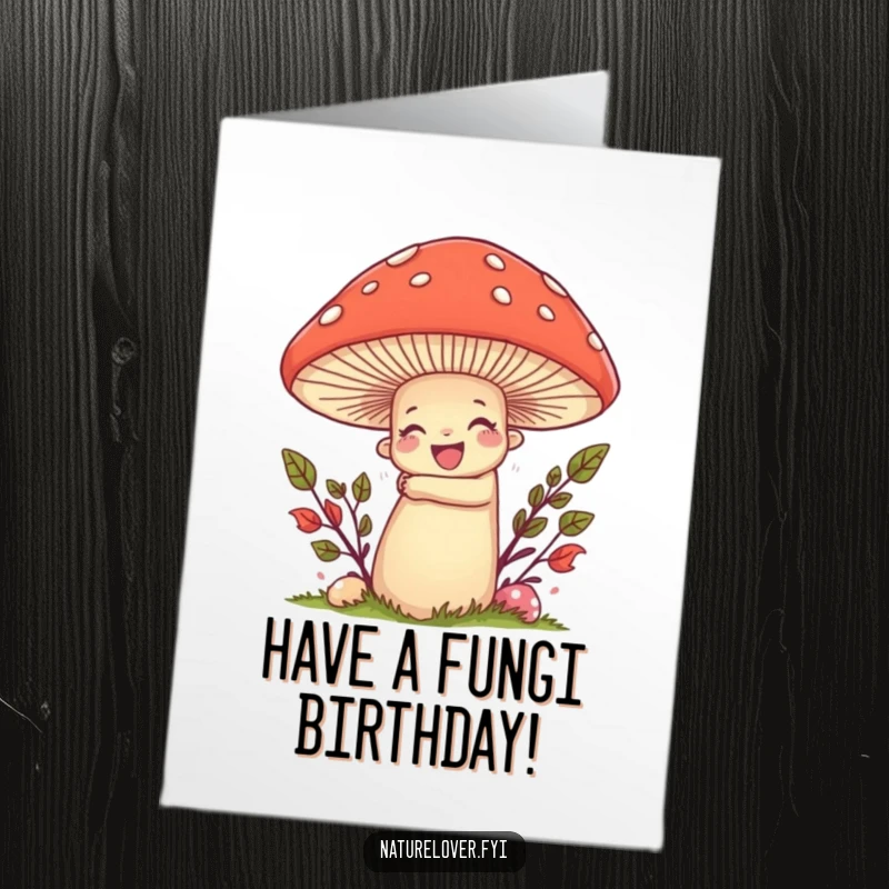 Funny Free Printable Birthday Card: Nature lover character joyfully hugging a giant, smiling mushroom, celebrating nature.