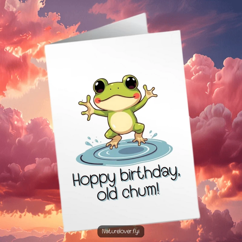 Funny Free Printable Birthday Card: A frog in galoshes enthusiastically jumps in a large ink puddle for a birthday wish.