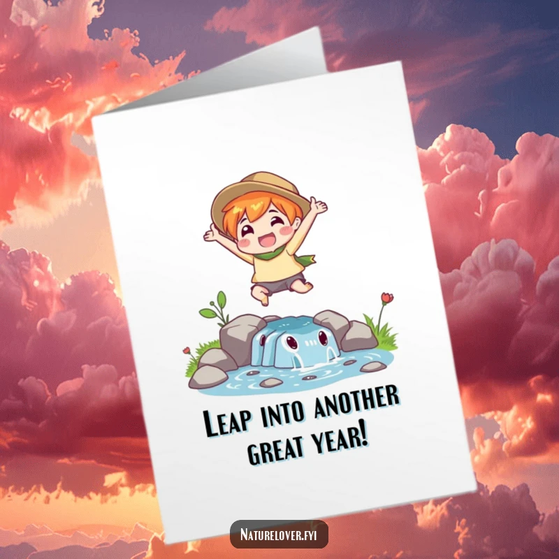 Funny Free Printable birthday card of a nature lover character leaping enthusiastically over a small stream, full of joy.