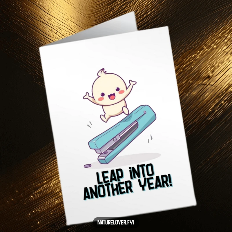 Funny Free Printable Birthday Card: Cute character with a happy bounce leaps over a giant twig, an energetic birthday surprise.