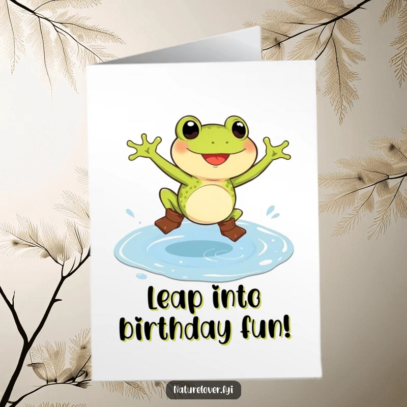 Funny Free Printable Birthday Card: Delighted frog wearing tiny boots, joyfully jumping in a massive puddle.