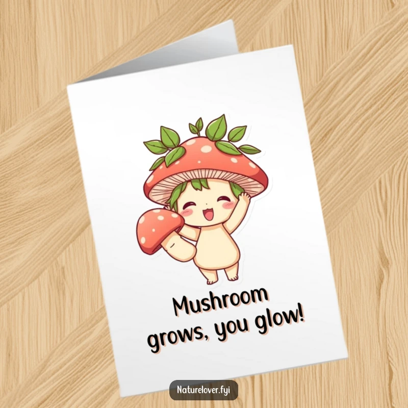Funny Free Printable Birthday Card: Character with leaf hair, holding a massive mushroom, ready to celebrate!