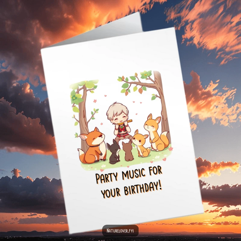 Funny Free Printable Birthday Card: Character plays flute for attentive woodland creatures, a musical birthday wish. DIY gift.