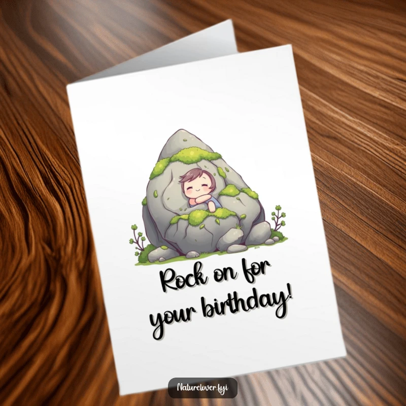 Funny Free Printable Birthday Card: A cute character happily hugs a giant, moss-covered rock with a content smile.