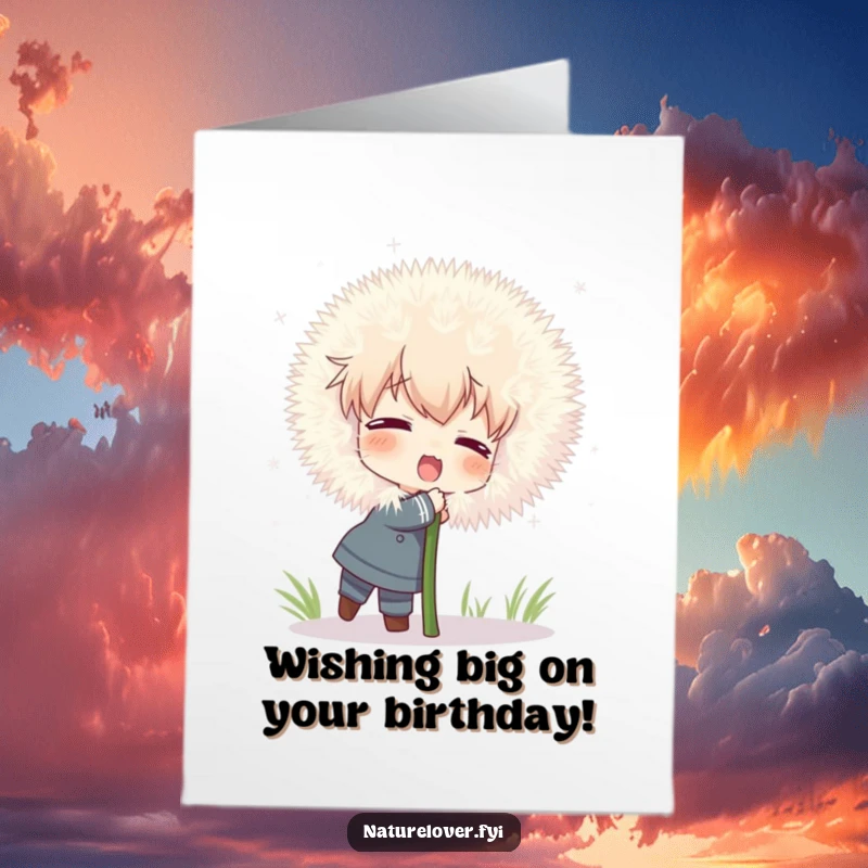 Funny Free Printable Birthday Card: Character attempts to hug a comically large, fluffy dandelion, a hilarious DIY gift.