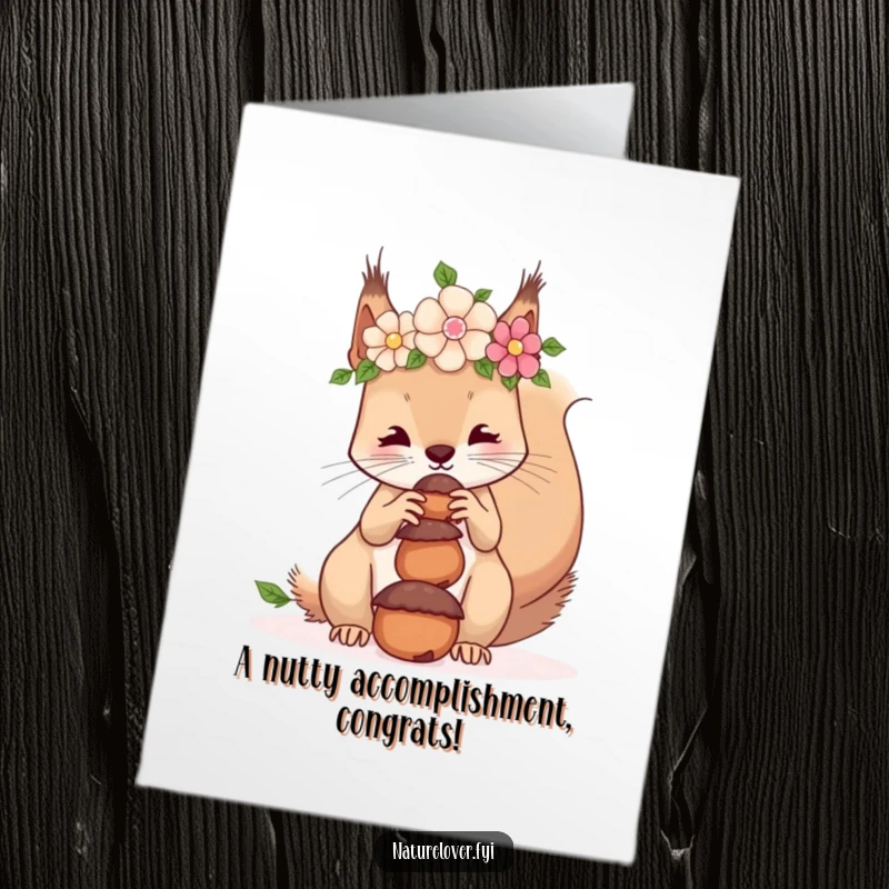 Funny Free Printable Congratulations Card: A squirrel wearing a flower crown balances a stack of acorns on its nose, celebrating success.
