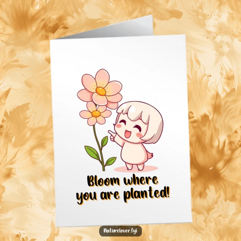 Funny Free Printable Congratulations Card: Cute character excitedly admires a vibrant blooming flower, a perfect downloadable gift.