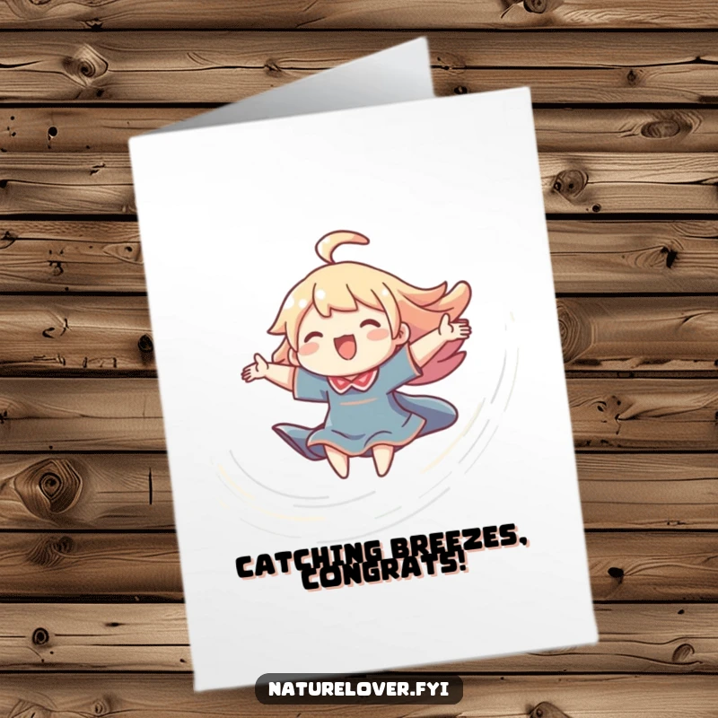 Funny Free Printable Congratulations Card of a character joyfully riding a breeze, celebrating soaring success and freedom.