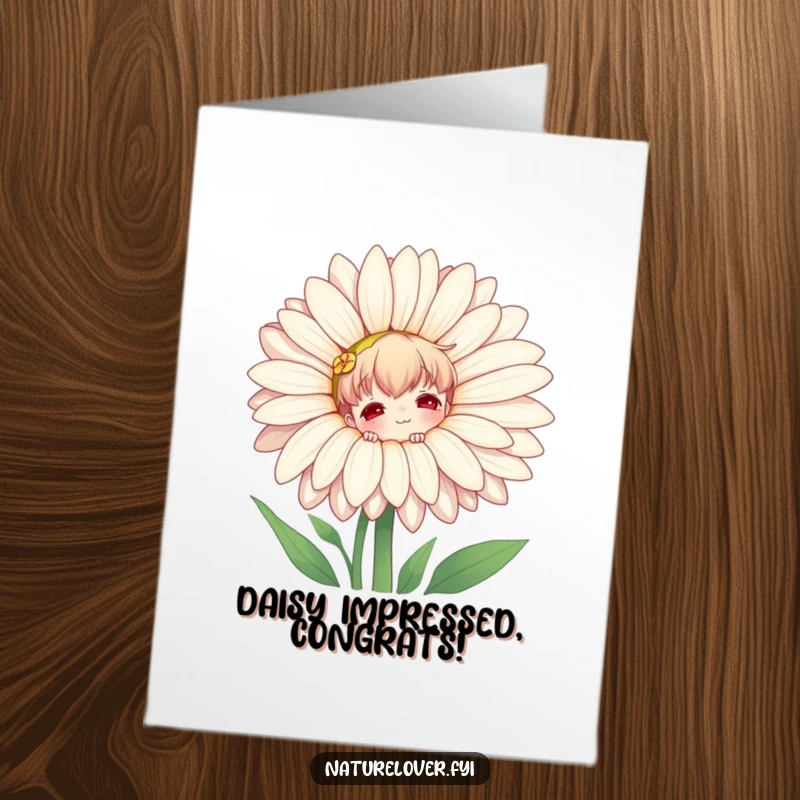 Funny free printable congratulations card, nature lover character peeking playfully from behind an oversized daisy.