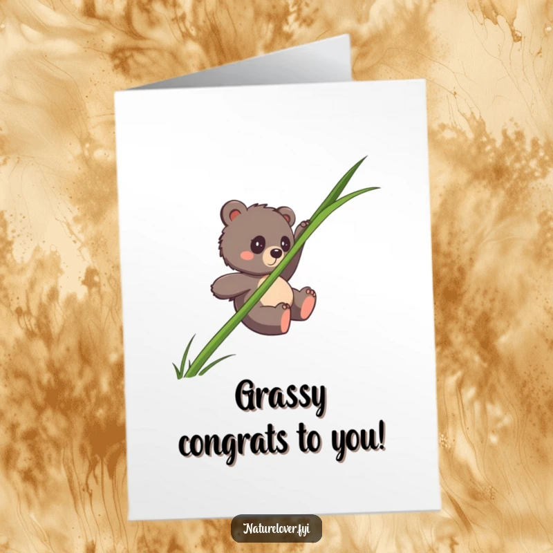 Funny Free Printable Congrats Card: A clumsy bear cub takes a tumble down an oversized blade of grass.