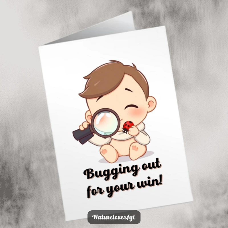 Funny Free Printable Congratulations Card: Character holds magnifying glass, curiously examining a tiny ladybug, a clever downloadable gift.
