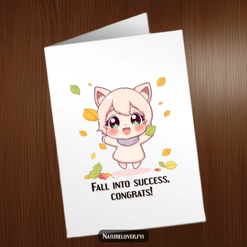 Funny Free Printable Congratulations Card: Character joyfully catches a falling leaf with wide, happy eyes, a wonderful downloadable gift.