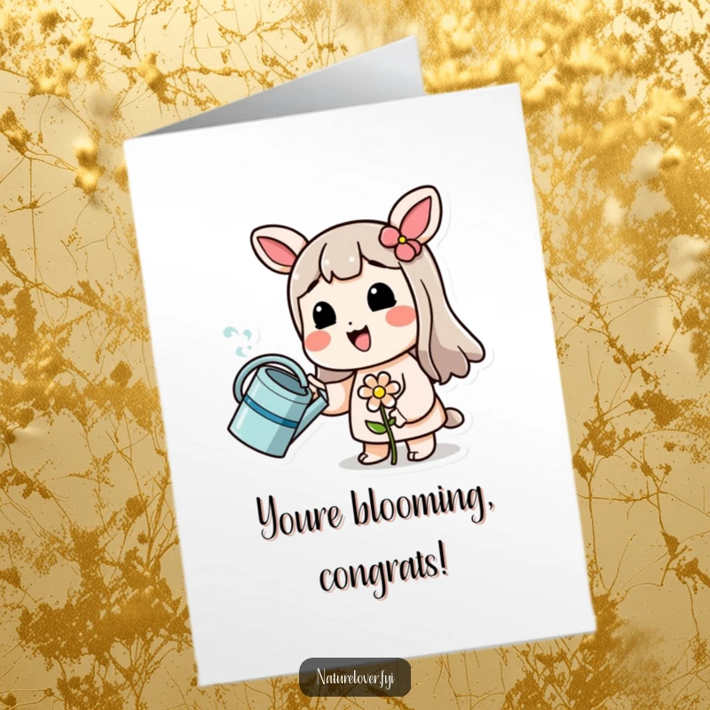 Funny Free Printable Congratulations Card: Character with watering can, nurturing a small, struggling flower.