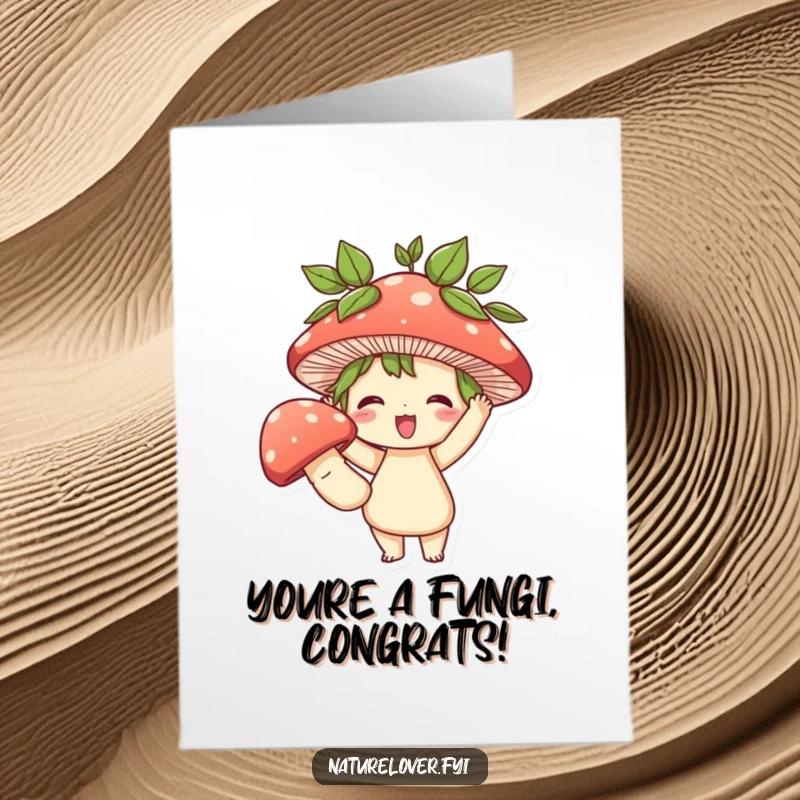 Funny Free Printable Congratulations Card: Character with leafy hair, triumphantly holding a huge mushroom.