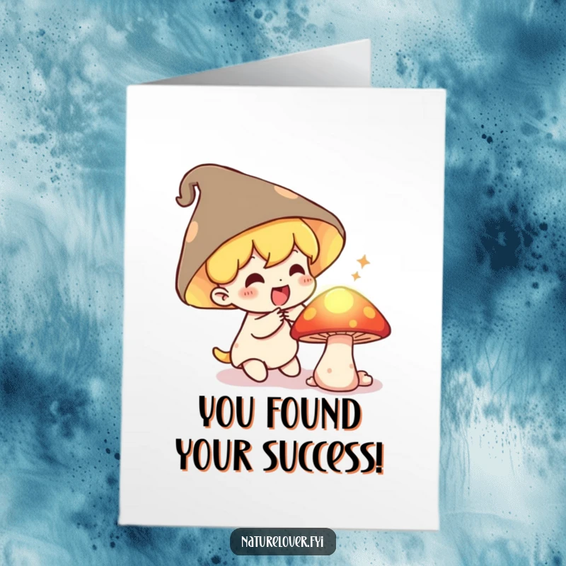 Funny Free Printable Congratulations Card: Small character with a delighted gasp finding a secret, luminous mushroom, celebrating their win.