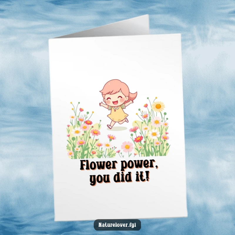 Funny Free Printable Congratulations Card: Happy character skipping through a wildflower field, radiating excitement and happiness.