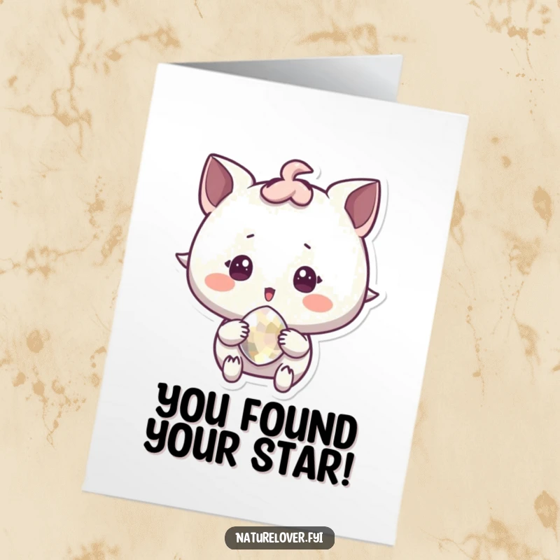 Funny Free Printable Congratulations Card: Character expresses surprised delight holding a sparkling pebble, a glittering downloadable message.