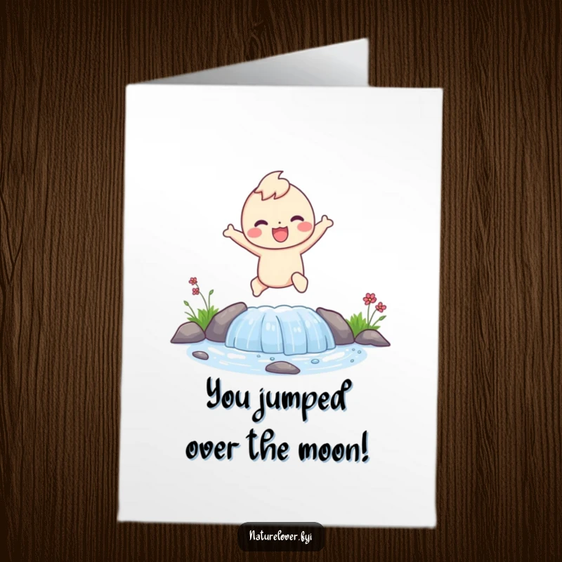 Funny Free Printable Congratulations Card: A happy character leaping joyfully over a small bubbling stream in victory.