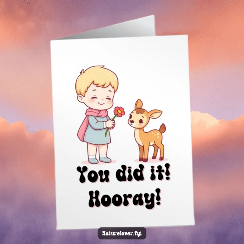 Funny Free Printable Congratulations Card: Friendly figure gives a flower to a cute deer, celebrating success with humor.