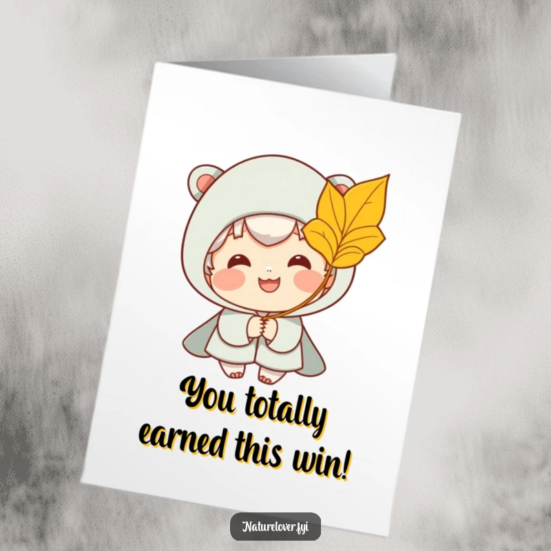 Funny Free Printable Congratulations Card: Character smiles receiving a golden leaf from a soft breeze, celebrating a win.