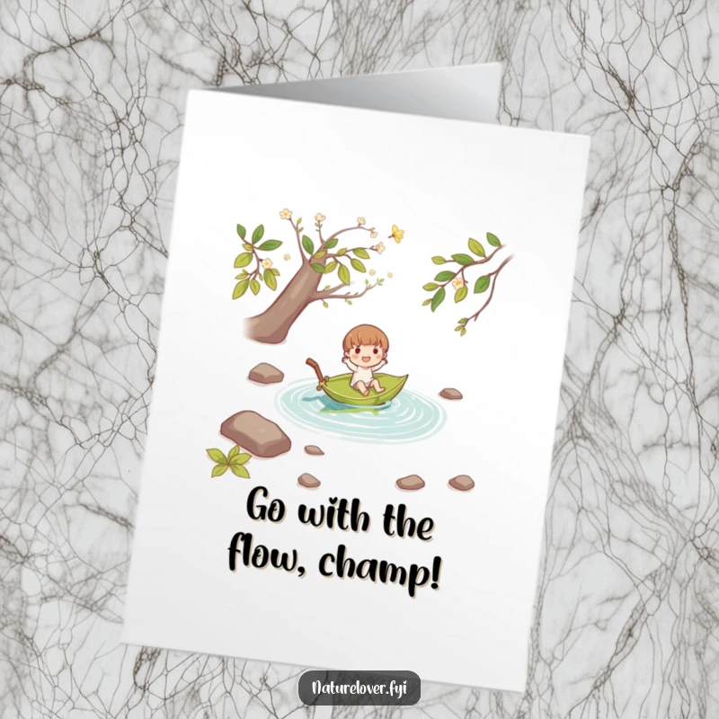 Funny free printable congratulations card: small character happily floating on a leaf boat down a stream, serene achievement.