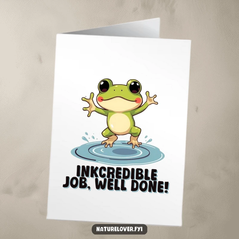 Funny Free Printable Congratulations Card: A frog in tiny galoshes joyfully jumps into a huge puddle of ink, signifying a big accomplishment.