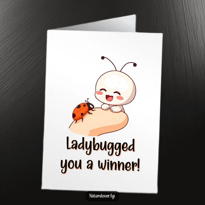 Funny Free Printable Congratulations Card: Small character giggles as a ladybug makes its way across its finger, celebrating good fortune.