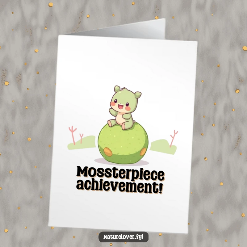 Funny Free Printable Congratulations Card: Creature Joyfully Riding a Rolling Moss Ball, Symbolizing a Smooth and Successful Journey.