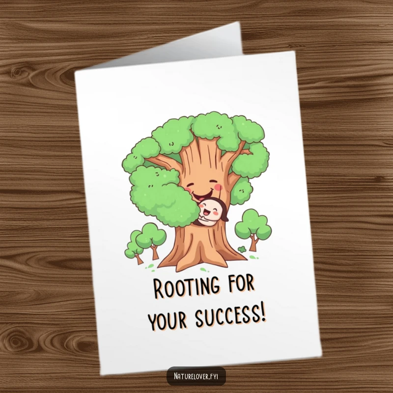 Funny Free Printable Congrats Card: A cute character embracing a large, happy tree in a warm hug.