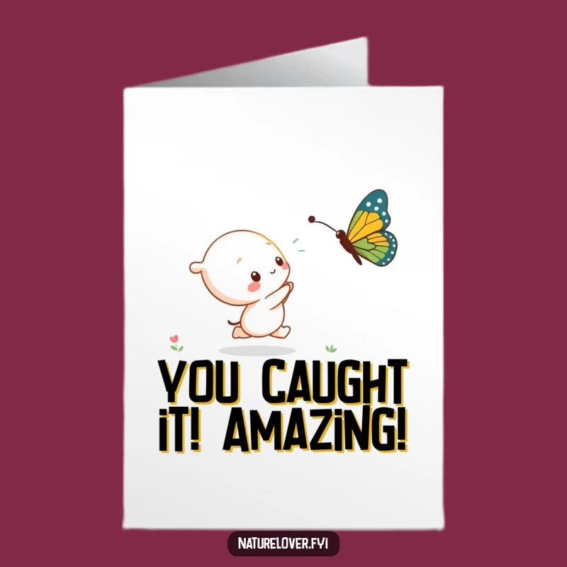 Free Printable Congrats Card: Kawaii Character Butterfly Chase, Funny Downloadable Gift