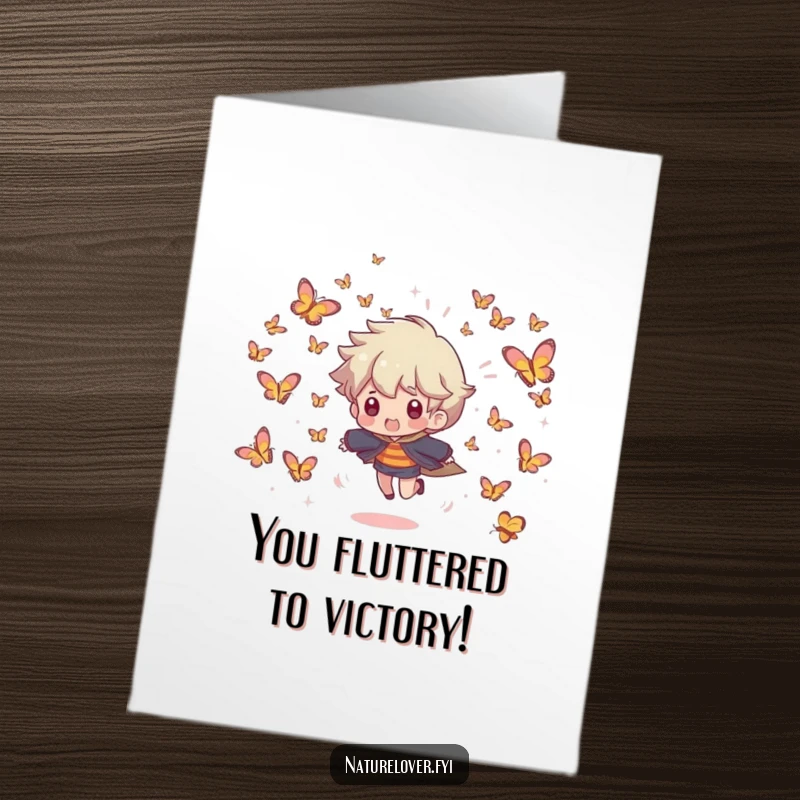 Funny Free Printable Congrats Card: Character joyfully pursued by tiny butterflies, celebrating achievement. Downloadable art.