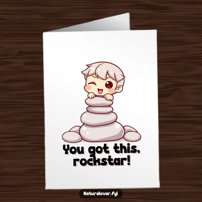 Funny Free Printable Congrats Card: Character winks while balancing stacked stones, celebrating success. Downloadable art.