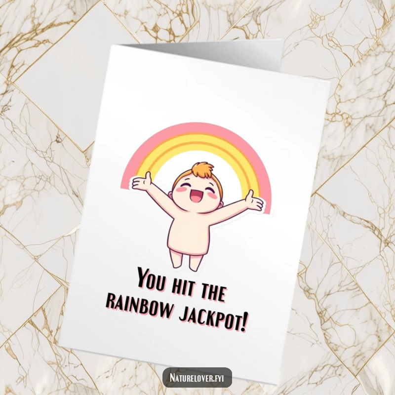 Funny Free Printable Congrats Card: Character embraces a bright rainbow, celebrating success. Uplifting downloadable art.