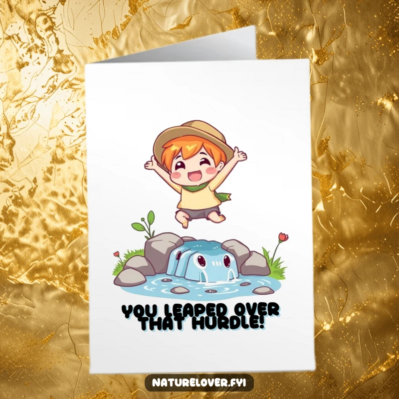 Free Printable congratulations card depicting a nature lover character joyfully leaping over a small stream, capturing excitement.