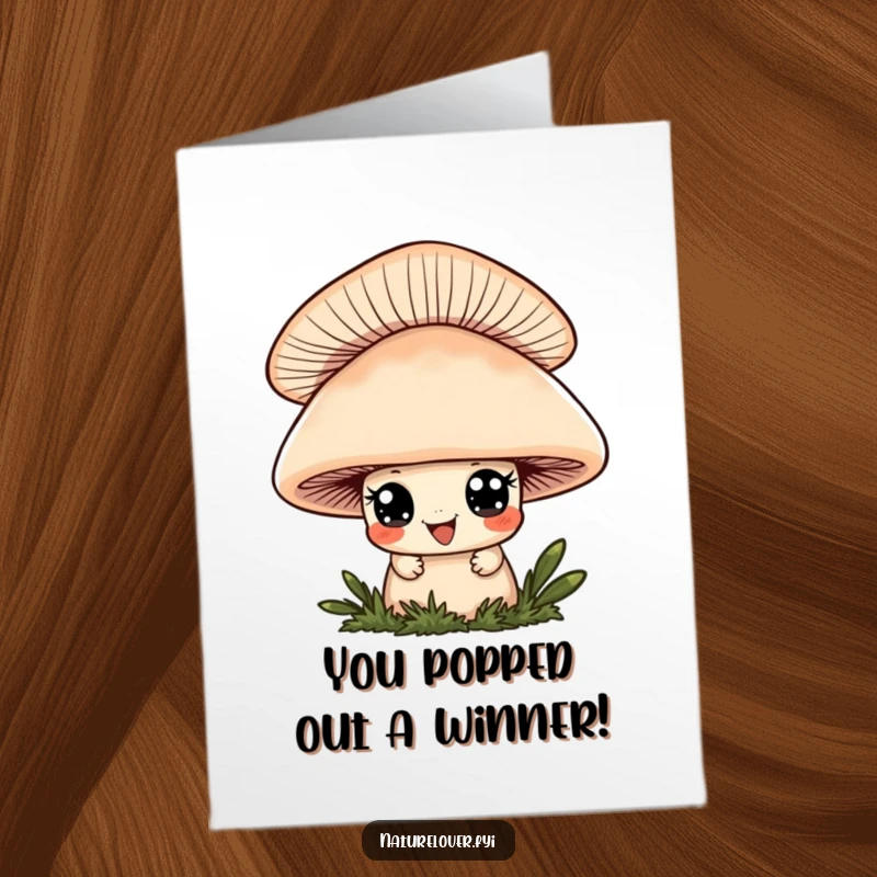 Funny Free Printable Congratulations Card: Cute character with a playful grin peeks from behind a large mushroom.