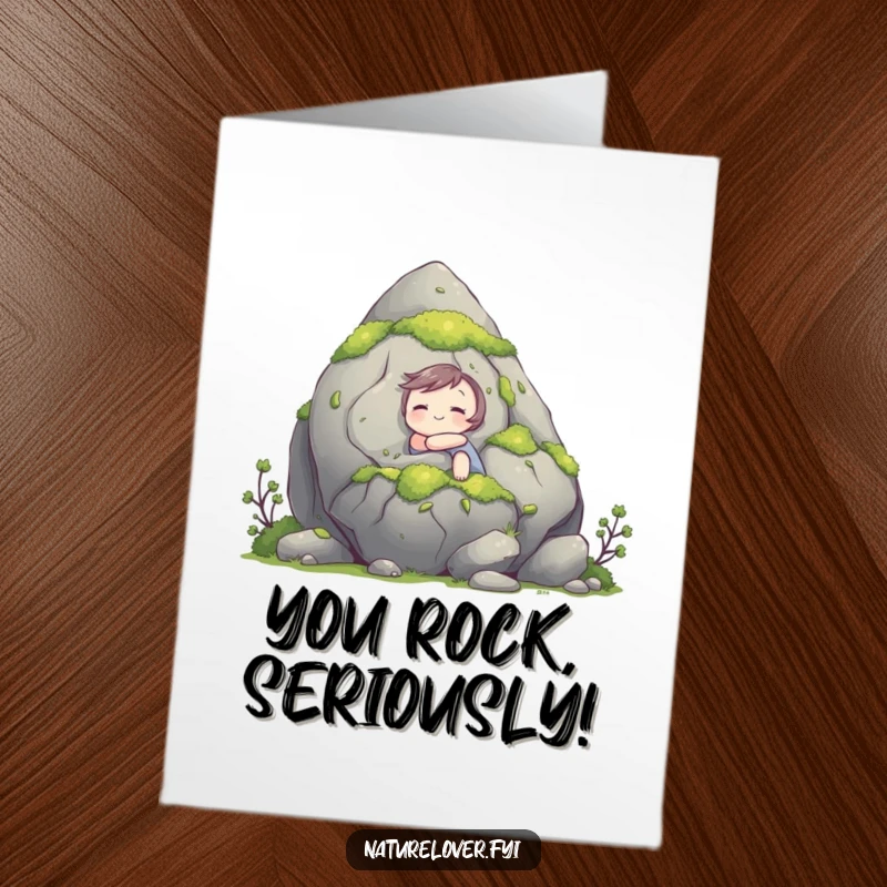 Funny Free Printable Congratulations Card: Cute character embraces a large, mossy rock, signifying strength and stability.