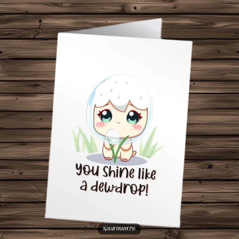 Funny Free Printable Congratulations Card: Cute character with curious eyes marveling at a large, glistening dewdrop, perfect for celebrating milestones.