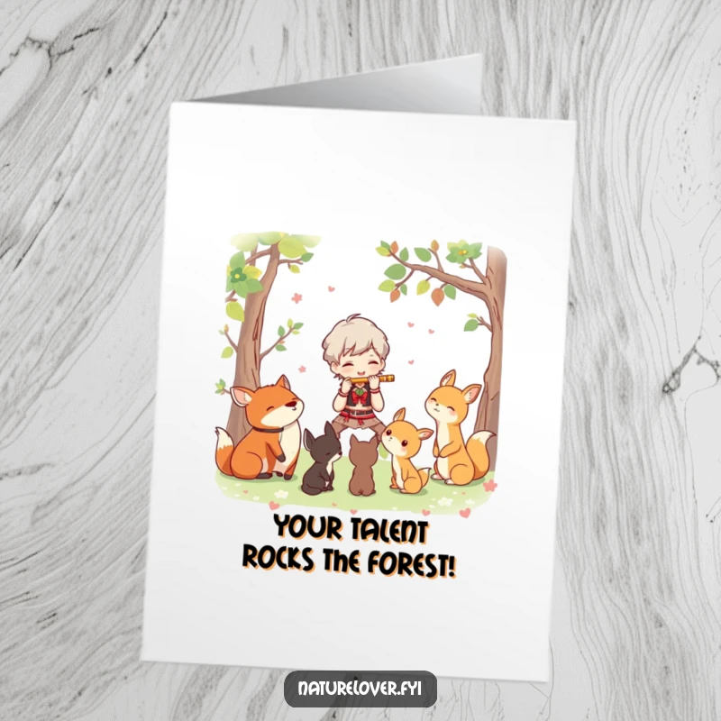Funny Free Printable Congrats Card: Character plays flute for woodland animals, celebrating achievement. Harmonious downloadable art.