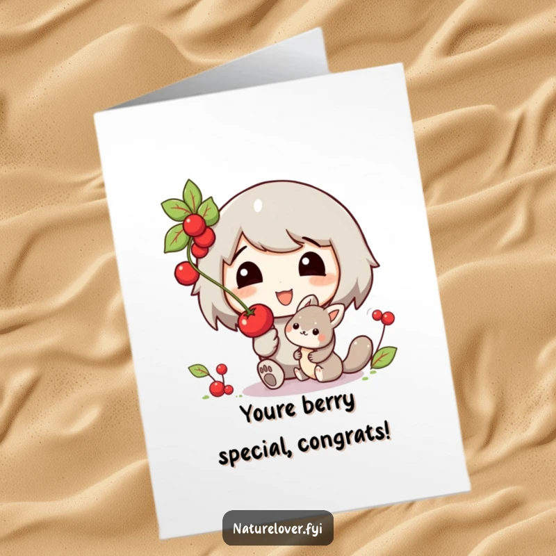 Funny Free Printable Congratulations Card: Character shares berry with woodland friend, conveying sweet and humorous congratulations.